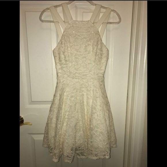 Cream halter dress w/ gold sparkles & floral lace - Picture 1 of 7